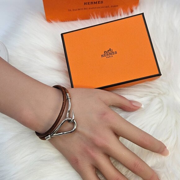 Hermès Brown Leather Silver-Tone Hook Bracelet - Picture 9 of 14
